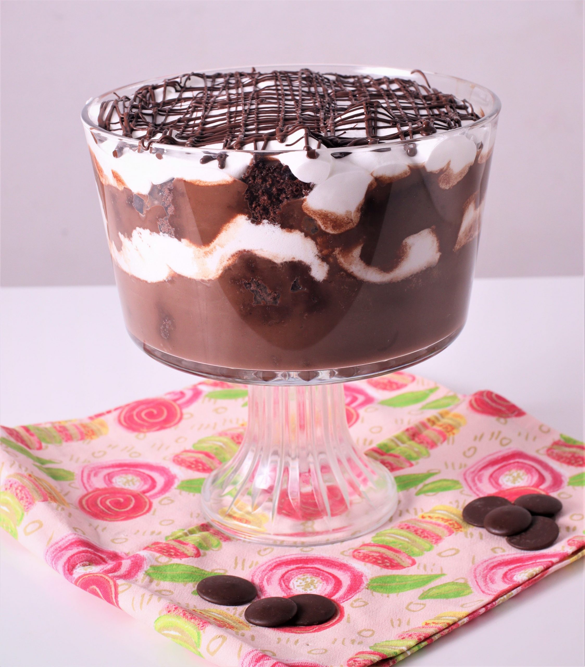 Chocolate Trifle served in a large dessert serving bowl