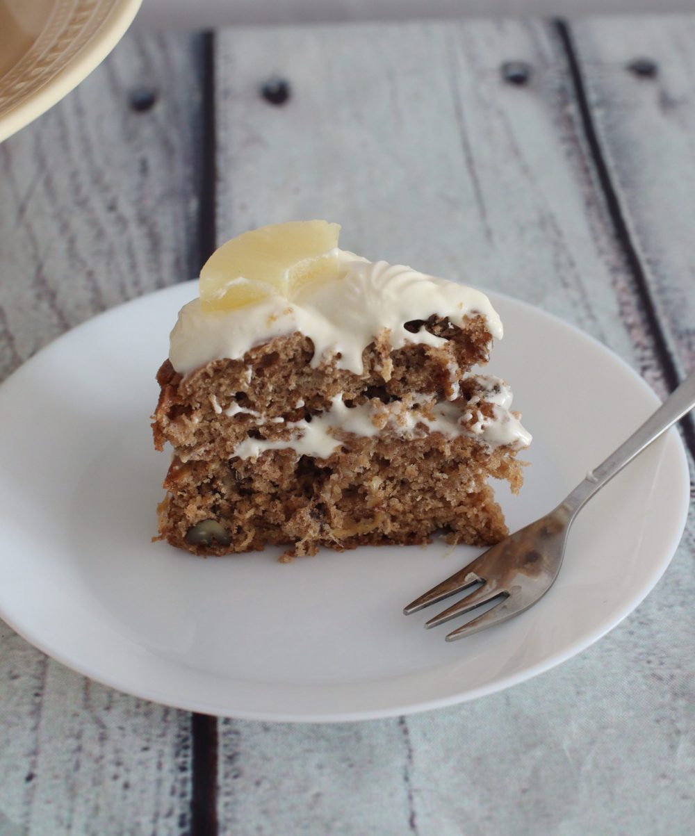 old fashioned hummingbird cake slice on a plate