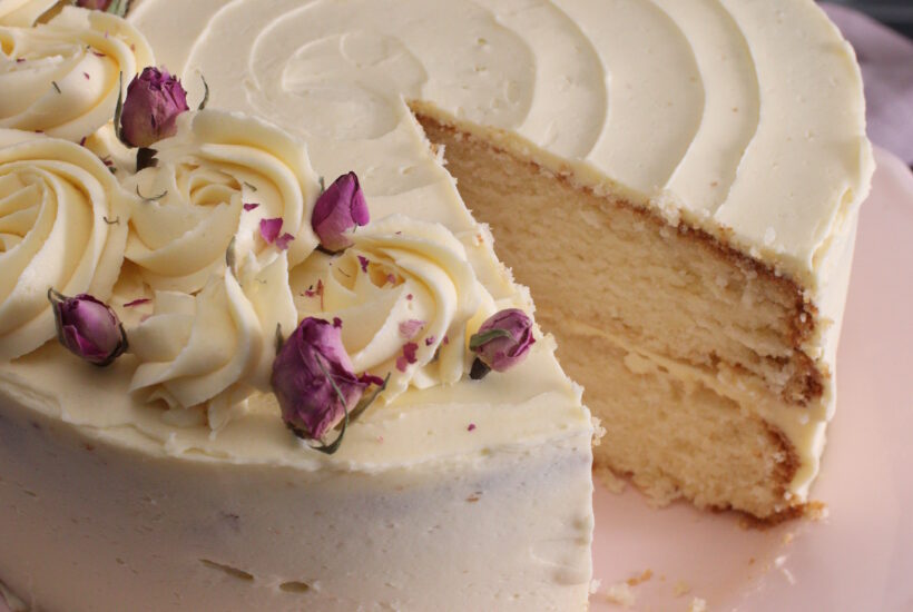 Vanilla Cake on a pink cake plate