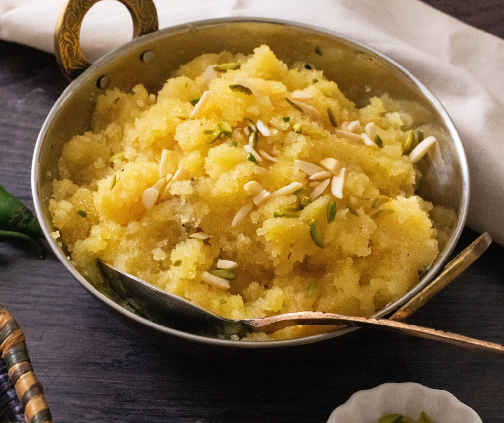 Suji/ Semolina Halwa topped with nuts