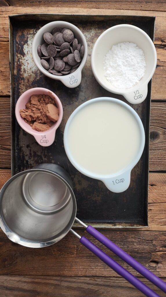 Ingredients for Hot Chocolate- chocolate, cocoa powder, icing sugar & milk