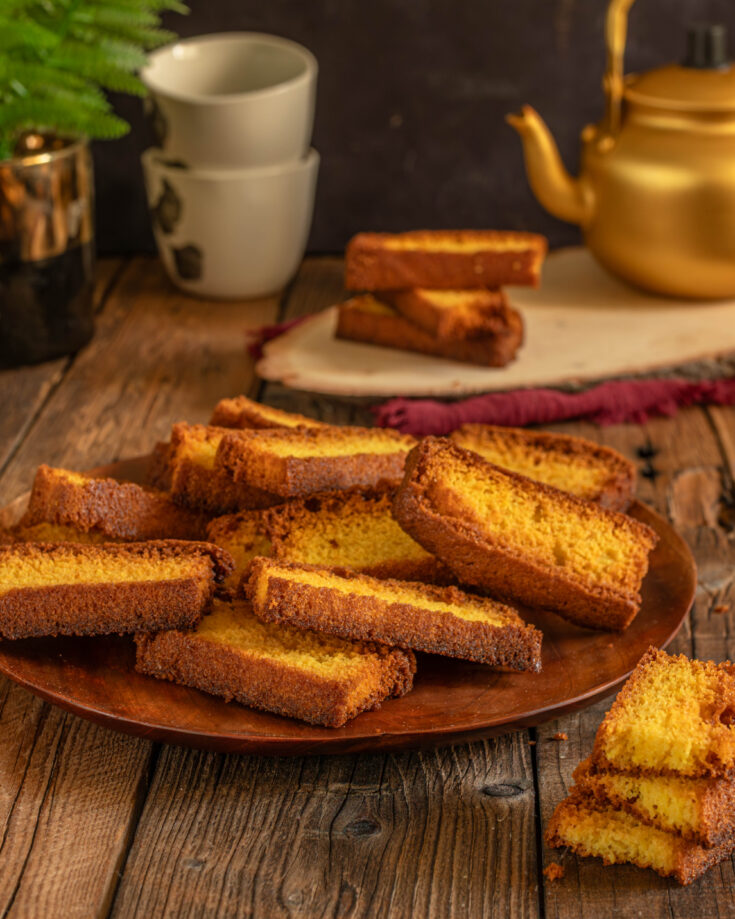 cake rusk - pakistani biscotti on a plate best served with tea or karak
