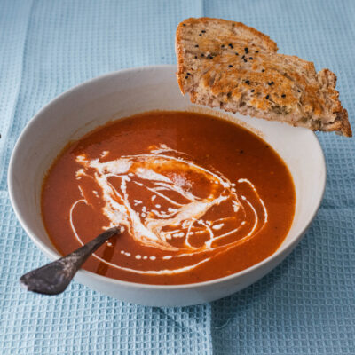 Tomato Soup with grilled sour dough and a drizzle of cream