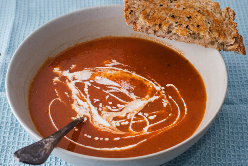 Tomato Soup with grilled sour dough and a drizzle of cream